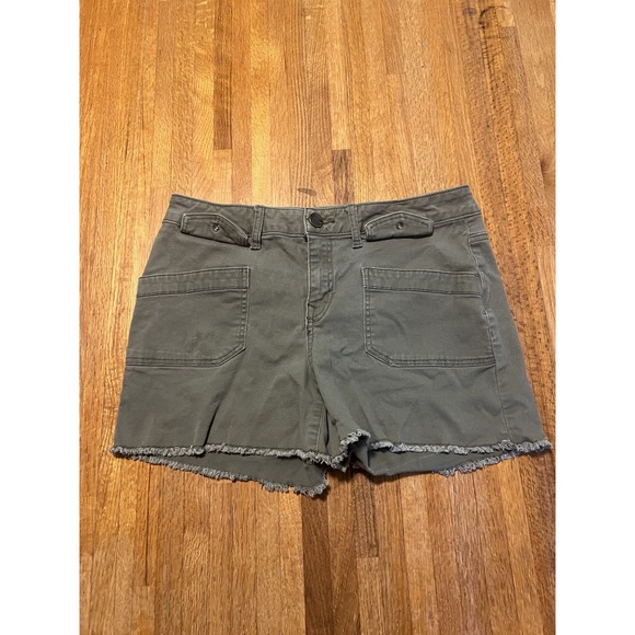 1822 Denim Women 10 Olive Green Frayed Hem Flat Front Pocket Button Zip Shorts - Picture 1 of 7